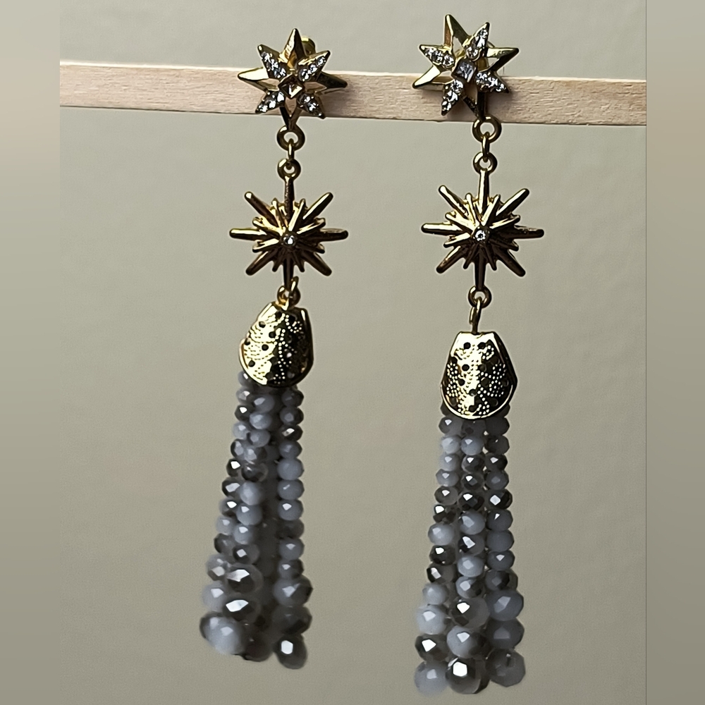 Gold Star Tassel Earrings with Gray Glass Beaded Strands